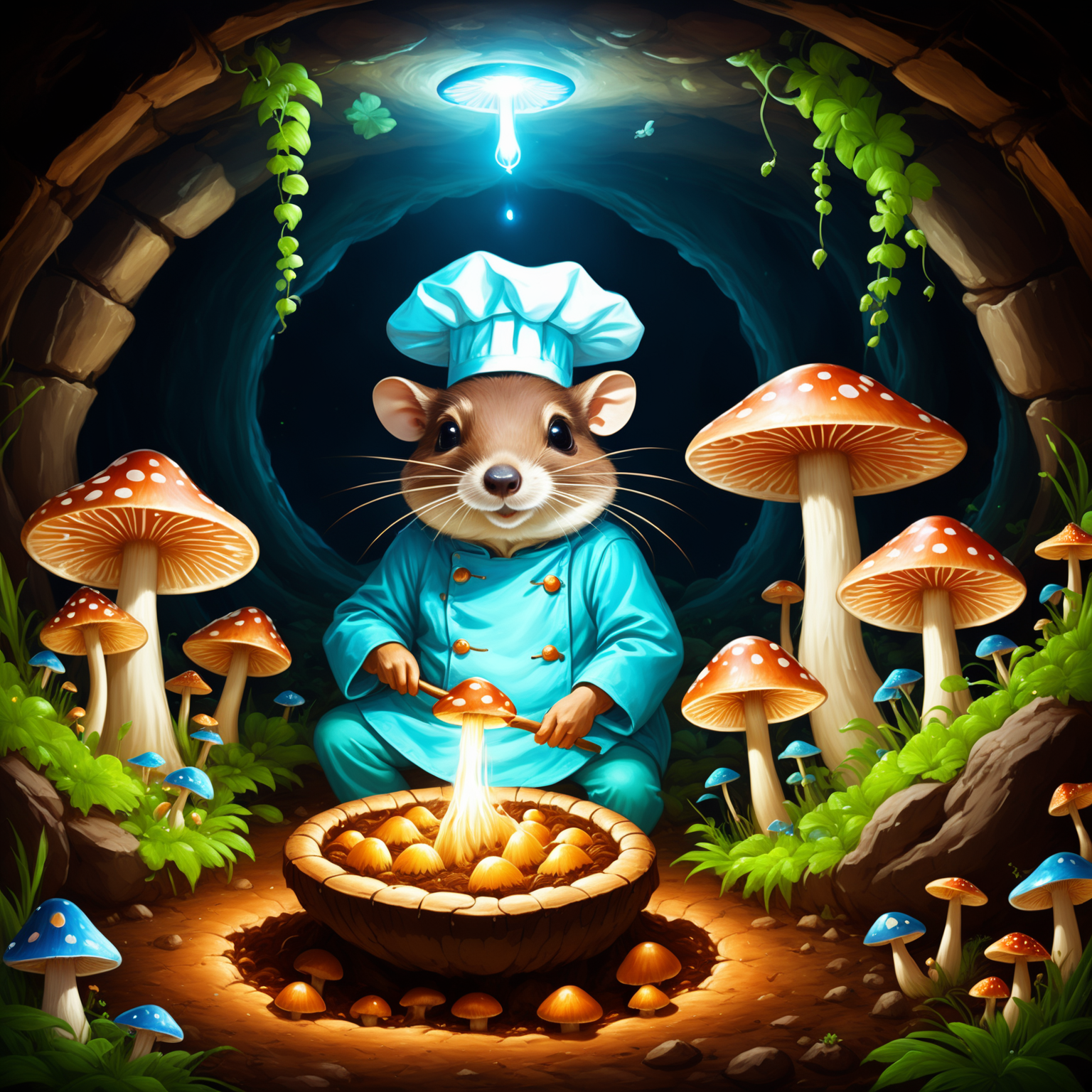 10. A cheerful mole chef gathering glowing mushrooms in a fairy ring circle deep in an underground cavern. Painterly illus...